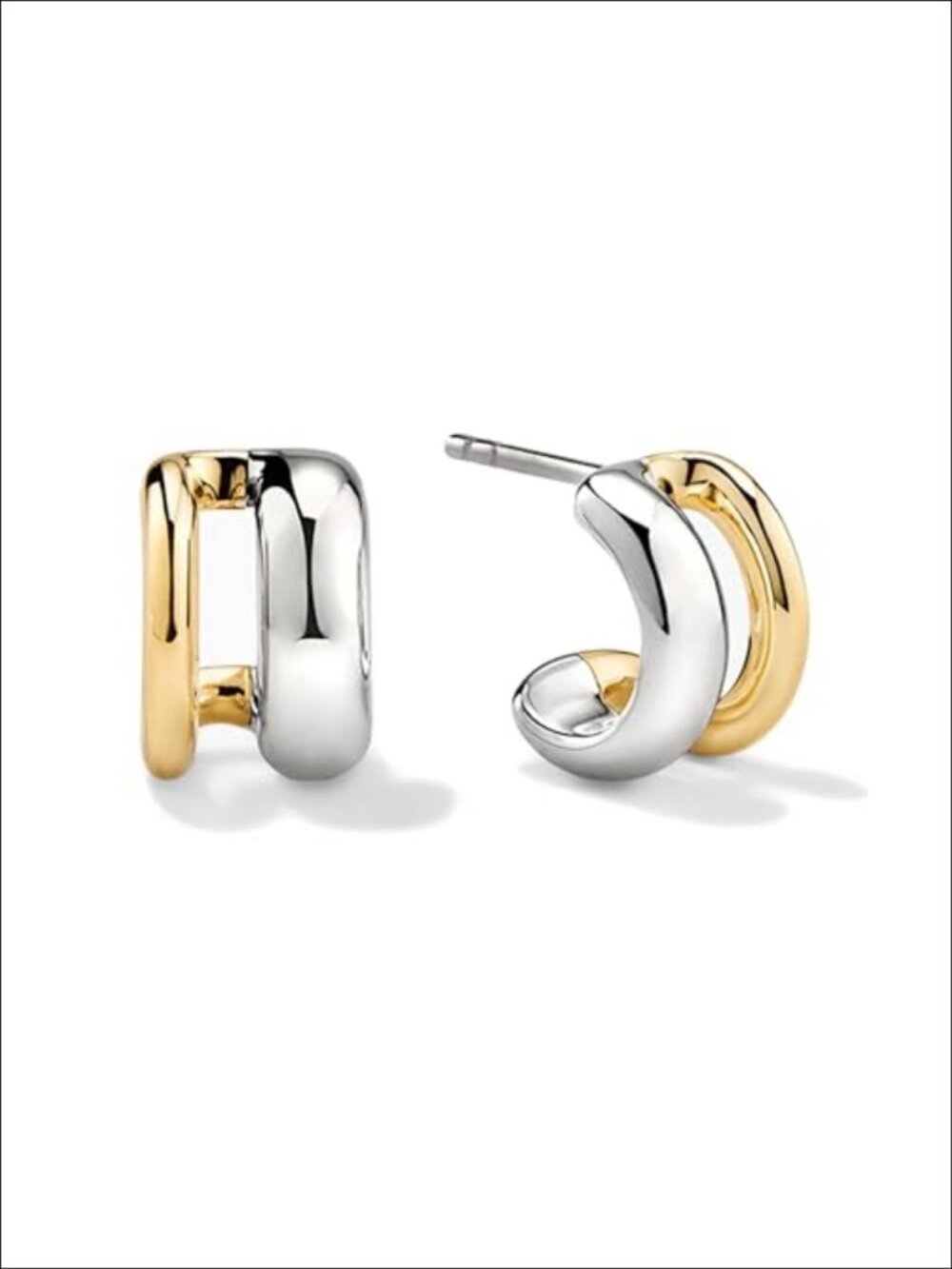 Two Tone Huggie Hoop Earrings 14K Gold Plated Silver Mixed Metal Small Geometric